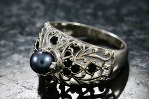 Black Tahitian Pearl Filigree Sterling Silver Ring Size 8