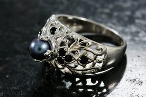 Black Tahitian Pearl Filigree Sterling Silver Ring Size 8