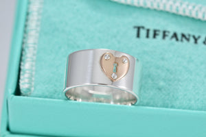 Tiffany & Co. 18K Rose Gold & Silver Heart Locks Keyhole Wide Band Ring Sz 6