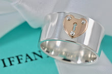 Load image into Gallery viewer, Tiffany &amp; Co. 18K Rose Gold &amp; Silver Heart Locks Keyhole Wide Band Ring Sz 6
