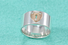 Load image into Gallery viewer, Tiffany &amp; Co. 18K Rose Gold &amp; Silver Heart Locks Keyhole Wide Band Ring Sz 6
