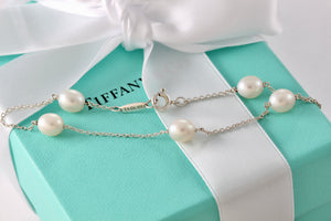 Tiffany & Co. Elsa Peretti Silver Peals By The Yard 5 Pearl Delicate Chain 7.75" Bracelet