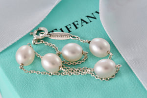 Tiffany & Co. Elsa Peretti Silver Peals By The Yard 5 Pearl Delicate Chain 7.75" Bracelet