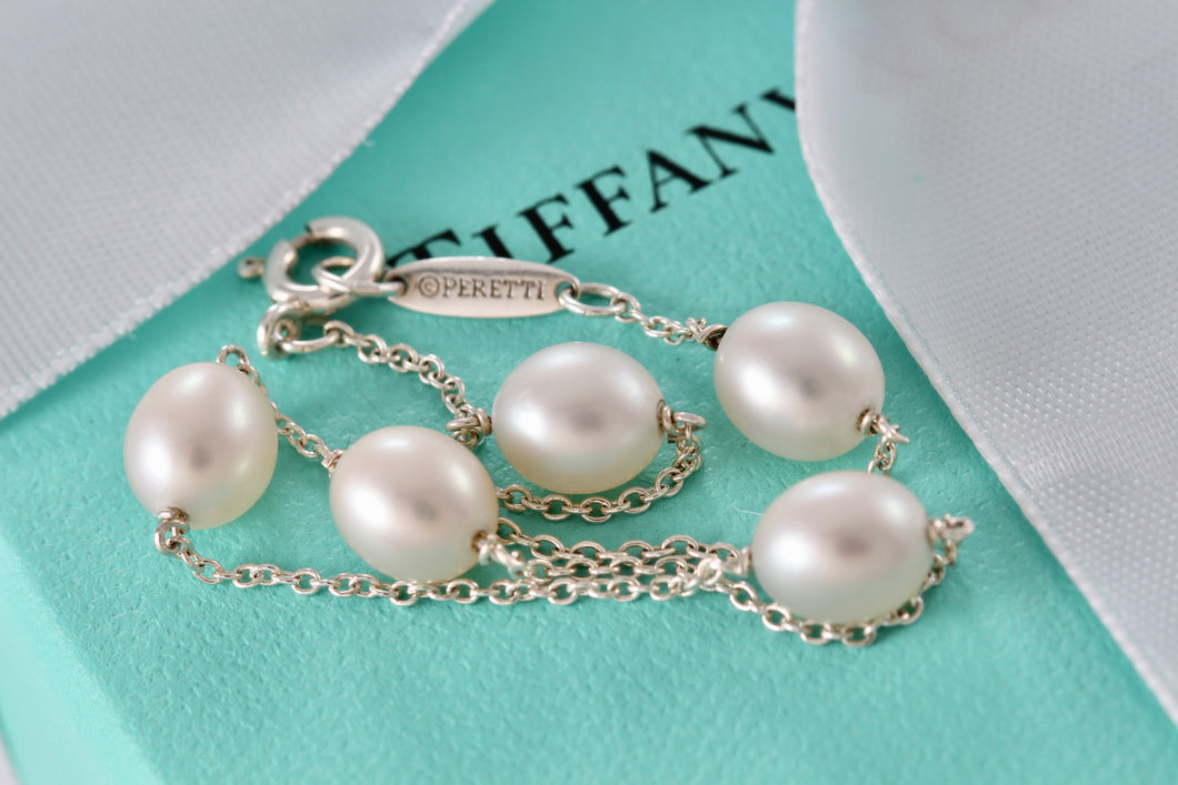 Tiffany & Co. Elsa Peretti Silver Peals By The Yard 5 Pearl Delicate Chain 7.75