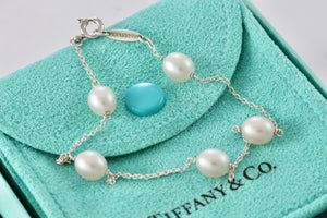 Tiffany & Co. Elsa Peretti Silver Peals By The Yard 5 Pearl Delicate Chain 7.75" Bracelet