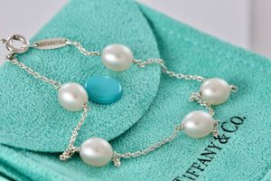 Tiffany & Co. Elsa Peretti Silver Peals By The Yard 5 Pearl Delicate Chain 7.75" Bracelet
