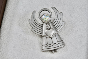 JJ Angel Heart Rhinestone Pewter Brooch Pin