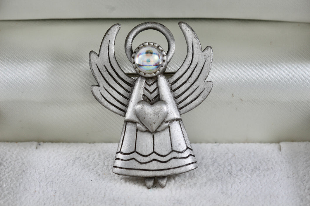 JJ Angel Heart Rhinestone Pewter Brooch Pin