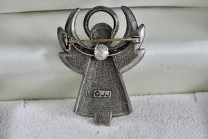 JJ Angel Heart Rhinestone Pewter Brooch Pin