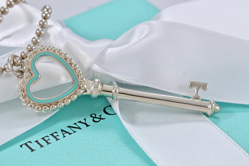Tiffany & Co. Silver Blue Enamel Beaded Edge Large Heart Key Pendant