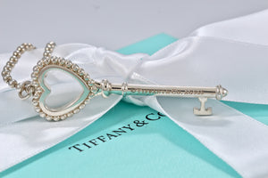 Tiffany & Co. Silver Blue Enamel Beaded Edge Large Heart Key Beaded Necklace