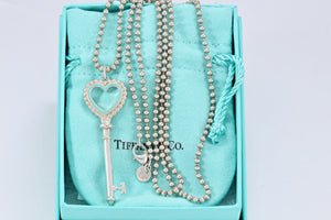 Tiffany & Co. Silver Blue Enamel Beaded Edge Large Heart Key Beaded Necklace