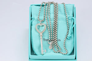 Tiffany & Co. Silver Blue Enamel Beaded Edge Large Heart Key Beaded Necklace