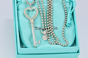 Tiffany & Co. Silver Blue Enamel Beaded Edge Large Heart Key Beaded Necklace