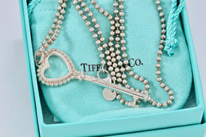 Tiffany & Co. Silver Blue Enamel Beaded Edge Large Heart Key Beaded Necklace