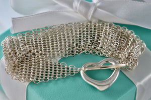 Tiffany & Co. Elsa Peretti Silver Mesh Open Heart Toggle 7.5" Bracelet