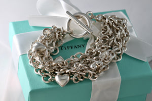 Tiffany & Co. Silver Multi Heart 8mm Chain Link Toggle 8" Bracelet