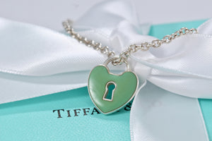 Tiffany & Co. Silver Blue Enamel Large Keyhole Heart Charm Necklace
