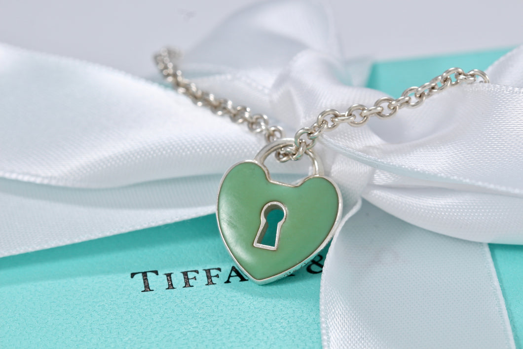 Tiffany & Co. Silver Blue Enamel Large Keyhole Heart Charm Necklace