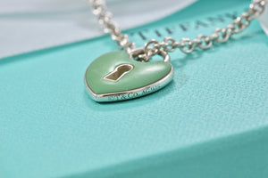 Tiffany & Co. Silver Blue Enamel Large Keyhole Heart Charm Necklace