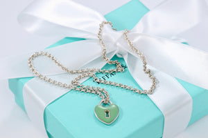 Tiffany & Co. Silver Blue Enamel Large Keyhole Heart Charm Necklace