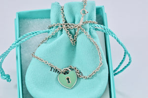 Tiffany & Co. Silver Blue Enamel Large Keyhole Heart Charm Necklace