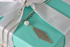 Tiffany & Co. Elsa Peretti Silver Pearl Tassle Mesh 16" Necklace