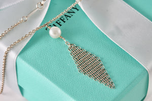 Tiffany & Co. Elsa Peretti Silver Pearl Tassle Mesh 16" Necklace