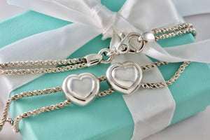 Tiffany & Co. Silver Double Rope Sliding Puffy Hearts 17" Necklace