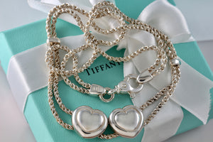 Tiffany & Co. Silver Double Rope Sliding Puffy Hearts 17" Necklace