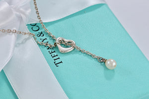 Tiffany & Co. Elsa Peretti Silver Mini Open Heart Pendant Pearl Lariat Necklace