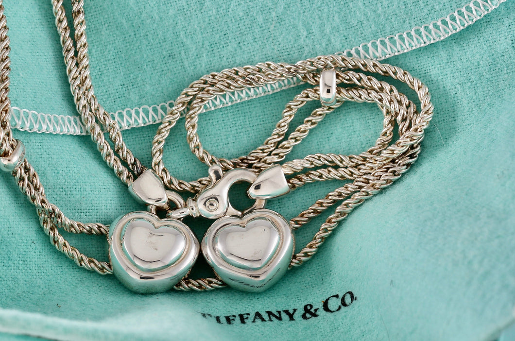 Tiffany & Co. Silver Double Rope Sliding Puffy Hearts 17