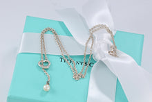 Load image into Gallery viewer, Tiffany &amp; Co. Elsa Peretti Silver Mini Open Heart Pendant Pearl Lariat Necklace
