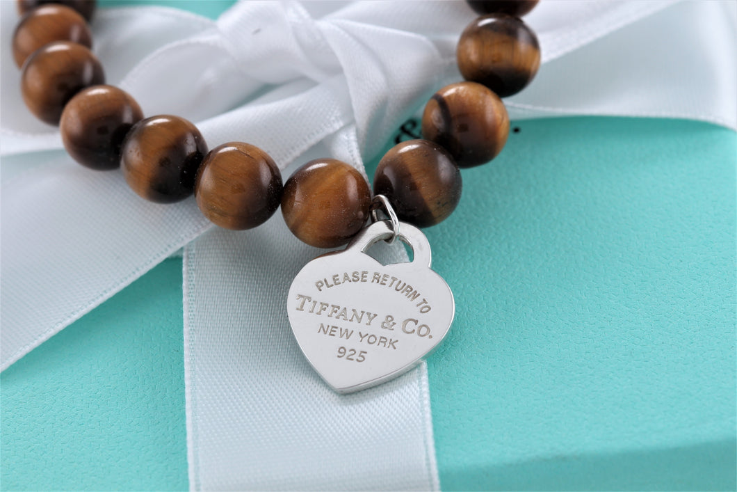Return To Tiffany & Co. Silver Tiger Eye Heart Charm 8mm Beaded Bracelet