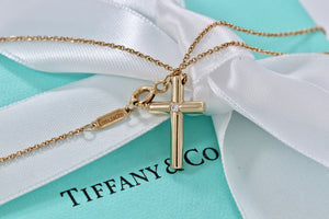 Tiffany & Co. 18K Yellow Gold Diamond Cross Pendant 16" Necklace