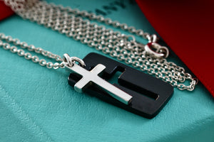 Tiffany & Co. Mens Silver Titanium Silver Double Cross Stencil Pendant 20" Necklace