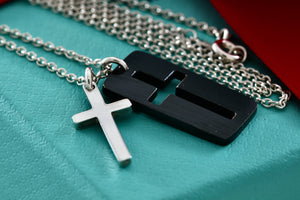 Tiffany & Co. Mens Silver Titanium Silver Double Cross Stencil Pendant 20" Necklace