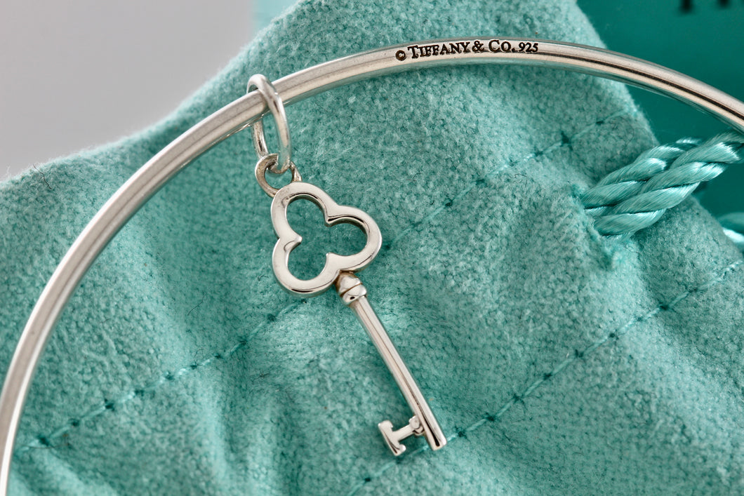 Tiffany & Co. Silver Small Trefoil Key Dangle Bangle Bracelet *Custom*