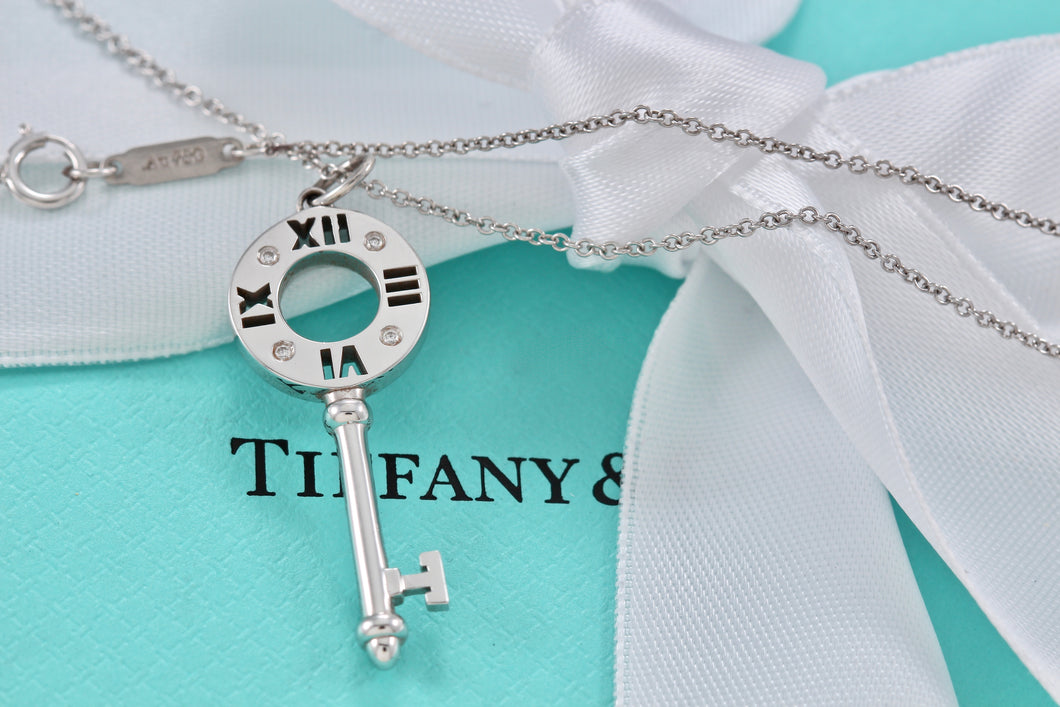 Tiffany & Co. Atlas 18K White Gold 4 Diamond Circle Key Pendant Necklace