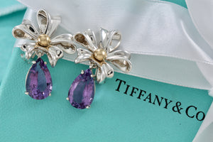 Tiffany & Co. Gold & Silver Large Amethyst Ribbon Flower Burst Clip-on Earrings