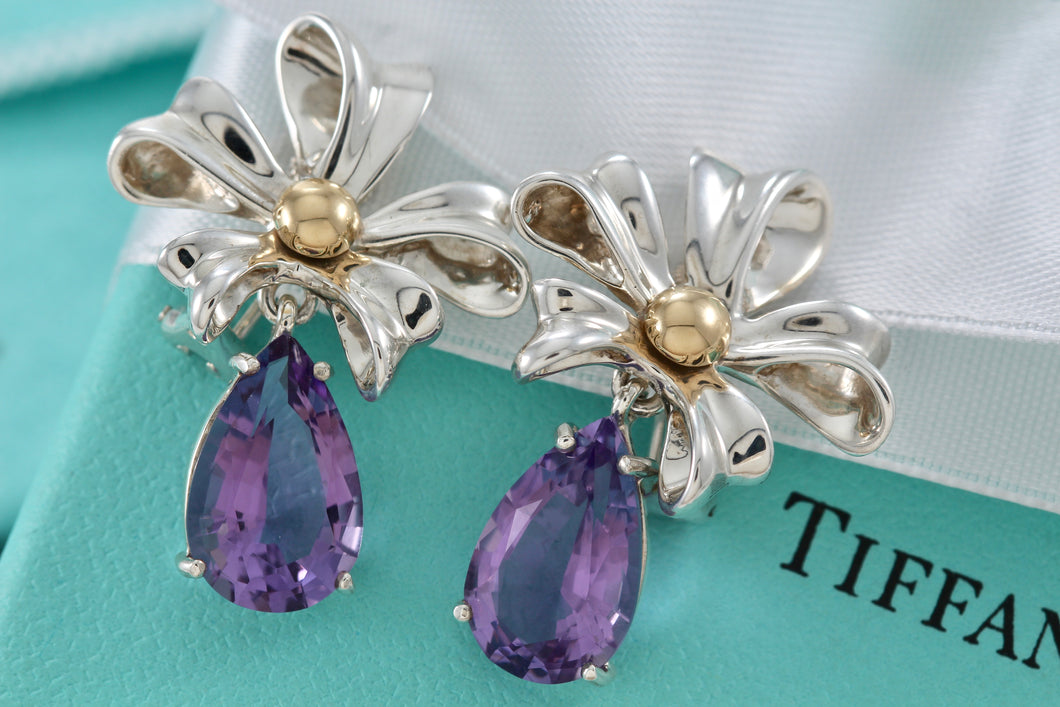 Tiffany & Co. Gold & Silver Large Amethyst Ribbon Flower Burst Clip-on Earrings