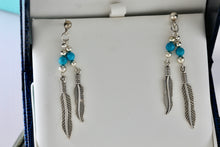 Load image into Gallery viewer, Native American Navajo WM Wheeler Silver Turquoise Bead Double Feather Dangle Earrings
