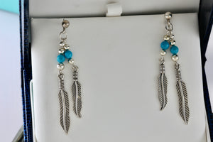 Native American Navajo WM Wheeler Silver Turquoise Bead Double Feather Dangle Earrings