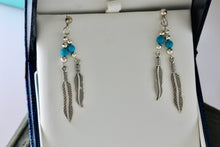 Load image into Gallery viewer, Native American Navajo WM Wheeler Silver Turquoise Bead Double Feather Dangle Earrings
