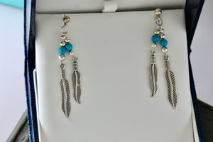 Native American Navajo WM Wheeler Silver Turquoise Bead Double Feather Dangle Earrings