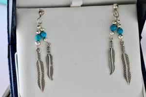 Native American Navajo WM Wheeler Silver Turquoise Bead Double Feather Dangle Earrings