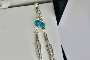 Native American Navajo WM Wheeler Silver Turquoise Bead Double Feather Dangle Earrings