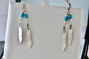 Native American Navajo WM Wheeler Silver Turquoise Bead Double Feather Dangle Earrings