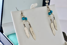 Load image into Gallery viewer, Native American Navajo WM Wheeler Silver Turquoise Bead Double Feather Dangle Earrings
