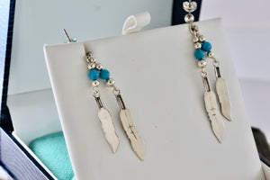 Native American Navajo WM Wheeler Silver Turquoise Bead Double Feather Dangle Earrings